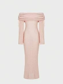 SHEIN Unity 女士纯色露肩长袖超长针织毛衣连衣裙，秋冬 - 粉色 - 查看 1