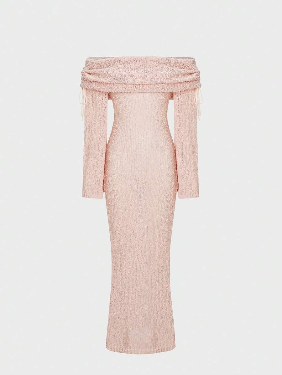 SHEIN Unity 女士纯色露肩长袖超长针织毛衣连衣裙,秋冬 - 粉色 - 查看 1