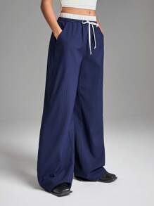 LYSMO Navy Blue Striped Patchwork Casual Pants, Solid Color Minimalist Fashion For Everyday Wear
