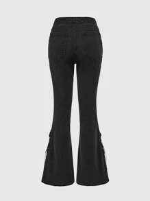 ROMWE Grunge Punk Y2K Baddie Hollow Eyelets Lace-Up Decor Ultra Low Rise Skinny Flare Jeans