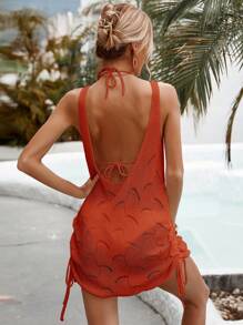 Swim Vcay Women's Solid Color Hollow Backless Cover Up Dress For Vacation - Redwood - View 1