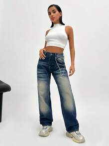RueChic HIGH WAIST SLIM STRAIGHT JEAN WITH CHAIN - Dark Wash - View 4