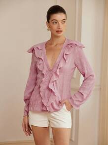 Aveloria Rosie French Elegant Ruffle V-Neck Bishop Sleeve Loose Textured Blouse For Women, Pink Long Sleeve Style Fall Cloth For Women