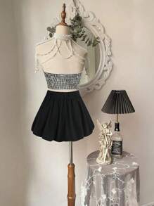 Flirla Bộ đồ mùa hè 2 món áo crop top gợi cảm và chân váy mini bồng bềnh cỡ lớn cho nữ, thời trang ngọt ngào và thanh lịch, phù hợp với phong cách Y2K mùa xuân/thu - màu đen - Xem 2