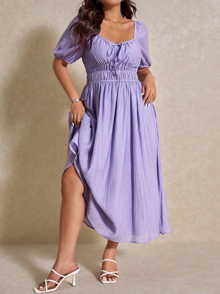 Elaquor Plus Size Solid Color Waist Fitted Casual Vacation Dress - Mauve Purple - View 1