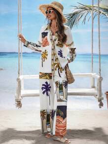 女士棕榈树印花长袖衬衫和裤子休闲套装适合假期 - 彩色 - 查看 5
