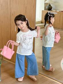 Denimly 年轻女孩休闲都市可爱学院风 2 件套：白色短袖蝴蝶结图案 T 恤和宽腿高腰可调节抽绳牛仔裤 - 白色 - 查看 8