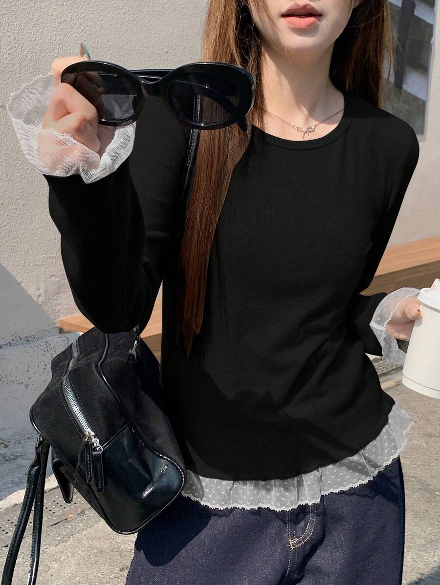 DAZY 女士蕾丝拼布打底T恤，灰色针织毛衣，秋季新款圆领柔软修身上衣长袖女上衣，秋季女装 - 黑色 - 查看 1