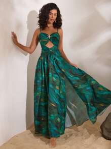 Opulessa 女士编织印花细肩带长开衩连衣裙 - 綠色 - 查看 2