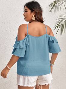 SHEIN VCAY Plus Size Solid Color Front Tie Polka Dot Casual Shirt - Dusty Blue - View 2