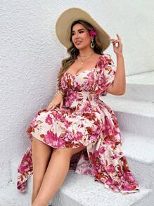 Sunnyshic Vestido con estampado floral, mangas con volantes y abertura, talla grande, elegante y romántico para fiestas, eventos y vacaciones