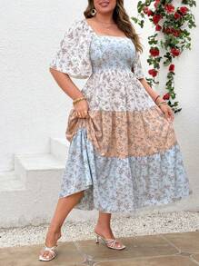Breezaya Vestido midi elegante de vacaciones para mujeres con cuello cuadrado, mangas con volantes, parche de contraste de color y estampado floral en talla grande