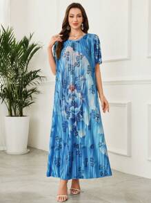 Seusyu Women's Crew Neck Short Sleeve Floral Print Casual Long Dress - Multicolor - View 6