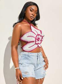 SHEIN SXY Große Größen Damen Frühling/Sommer 2025 Neue Zweischichtige Gestrickte Blüten Sexy Rückenfreie Verstellbare Trägerweste, Geeignet für Strandurlaub, Date Night, Geburtstag, Junggesellinnenabschied, Süß, Lässig, Einkaufen, Streetwear, Ausgehen, Leicht zu kombinieren & Schlank aussehend, betont Ihre Figur, schmeichelhaft