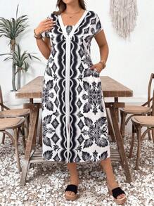 Breezaya Vestido de longitud media con estampado de pañuelo, de unicolor, de manga corta y escote en V para mujer de talla grande