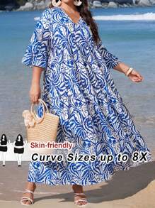 SHEIN CURVE+ Plus Size V-Neck Paisley Print Bell Sleeve Dress, Arabic Style, Bohemian Festival Boho Vacation,Beach Dress Sundress,Holiday Outfits