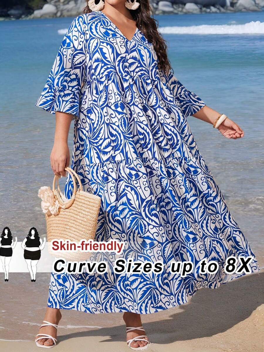 SHEIN CURVE+ Plus Size V-Neck Paisley Print Bell Sleeve Dress, Arabic Style, Bohemian Festival Boho Vacation,Beach Dress Sundress,Holiday Outfits