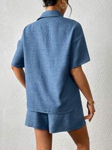 Chiquease 2 件套女士假日休闲纯色纹理短袖衬衫和短裤套装