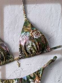 Swim Vcay Women Animal Print Splice Random Starfish Metal Pendant Spaghetti Strap Sexy Bikini Swimwear Set, Summer Beachwear