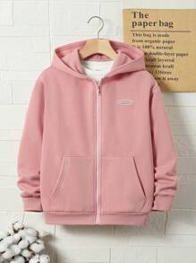 SHEIN 男大童字母補丁細節加絨內裏連帽衛衣不帶T恤 - 粉色 - 查看 7