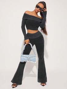 SHEIN SXY 2pcs/Set Casual Outfit, Faded Wash Polo Collar Off Shoulder Long Sleeve Top + Flared Leg Long Pants, Spring Autumn Winter - Dark Grey - View 1