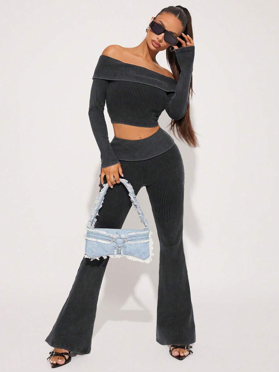 SHEIN SXY 2pcs/Set Casual Outfit, Faded Wash Polo Collar Off Shoulder Long Sleeve Top + Flared Leg Long Pants, Spring Autumn Winter - Dark Grey - View 1