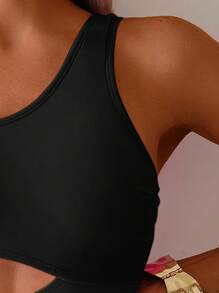 1pc Women Contrast Color One-Piece Swimsuit For Summer Beach Vacation - Black - View 3