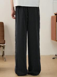 SWAVVY 标准尺寸男士时尚休闲海军蓝条纹拼接宽松直筒阔腿裤 - 藏蓝色 - 查看 2