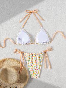 SHEIN Swim 2pcs Women Multi-Needle Fabric String Halter Elegant Bikini Set Swimwear For Summer Beach Vacation - Multicolor - View 4