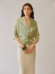 Uhlyne Fashionable Woven Twill Lapel Twist Detail Elegant Ladies Blouse - Mint Green - View 7