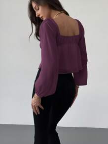 Aloruh Blusa de mujer de manga larga, con cuello cuadrado, cintura drapeada y textura acampanada - Morado - Ver 2