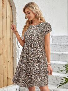 SHEIN LUNE Vestido casual simples de manga curta para mulheres, fashionável para uso diário - Multicolorido - Visão 3