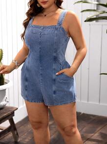 SHEIN Clasi Plus Size Women Backless Strappy Denim Romper For Vacation - Medium Wash - View 3