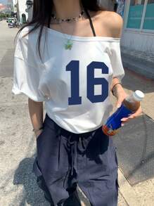 INAWLY 女士数码印花圆领可变肩短袖 T 恤，夏季图案 T 恤女式上衣 - 白色 - 查看 6