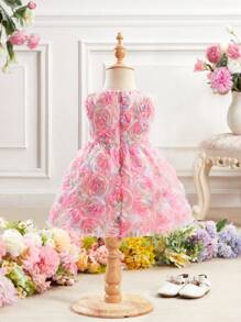 SHEIN Babygirl 可爱优雅粉色花卉印花网眼覆盖夏季连衣裙 - 粉色 - 查看 2