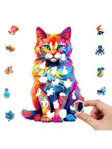 Adults' Stress Relief Colorful Cat Animal Shaped Wooden Jigsaw Puzzle, And Unique Birthday/Christmas Gift Puzzle,Puzzles,Christmas,Christmas,Puzzle,Cat,Puzzle,Puzzles,Puzzles For Adults - Multicolor - View 4