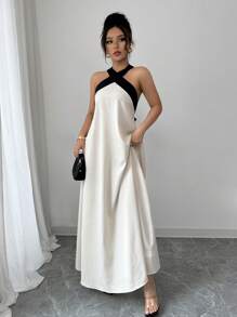 Rafferiza Black & Apricot Color Block Elegant Halter Backless Bowknot Strap Sleeveless Maxi Dress, Casual Beach Resort