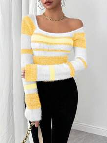 Chiquease Autumn/Winter Casual Contrast Color Stripe Slim Fit Long Sleeve Sweater