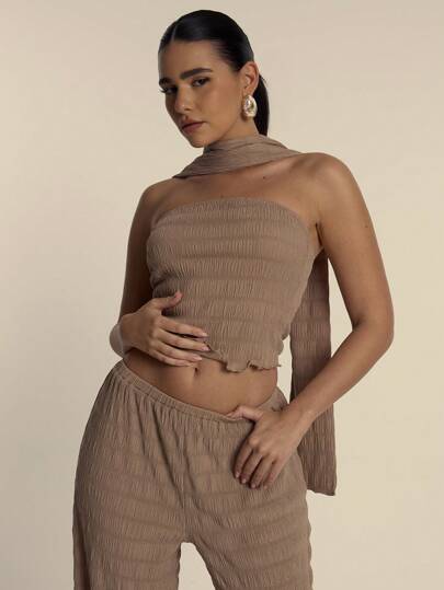 MUSERA Top de bandeau con ribetes acuchillados, festoneado y lazo para primavera y verano