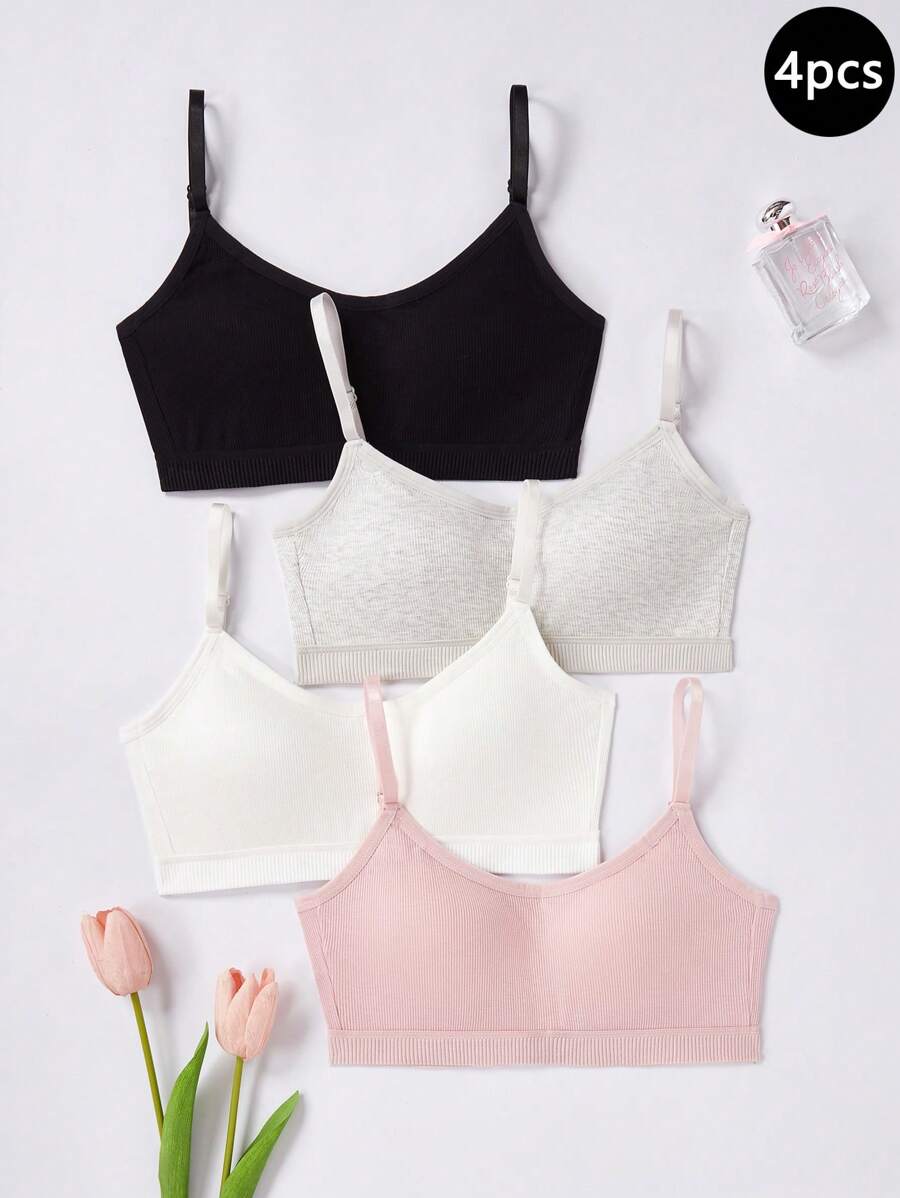 4pcs/Pack Teenage Girls Non-Wired Strap Camisole Tank Top, Supportive Seamless Crop Vest Innerwear