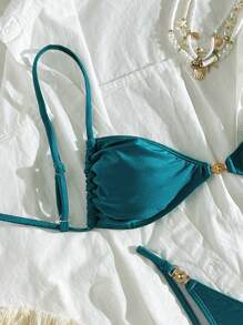 SHEIN Swim Women Summer Metal Decor Spaghetti Strap Backless Bra & Triangle Bikini Set Beach Vacation - Teal Blue - View 3