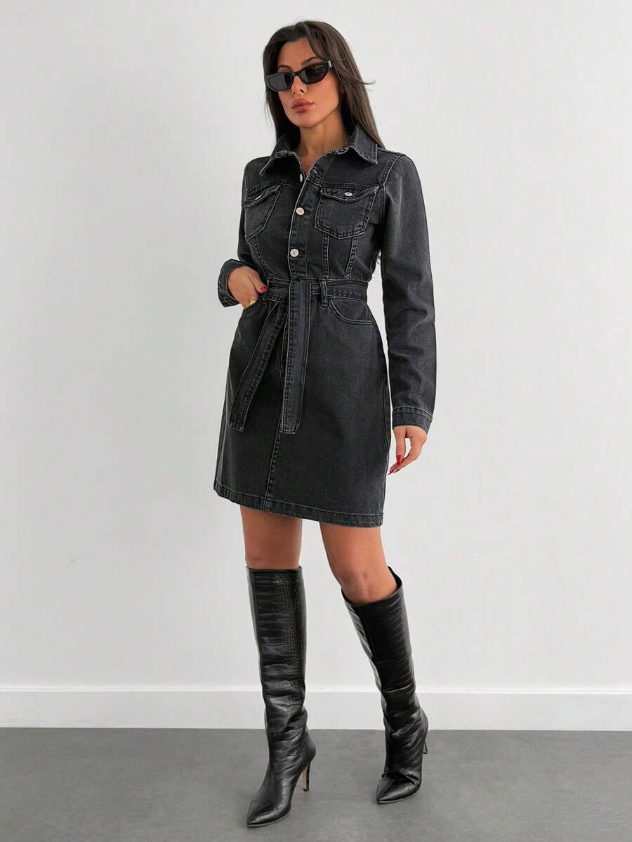 SHEIN Cottnline Mini Button And Belt Detailed Rigid Denim Dress - Black - View 1
