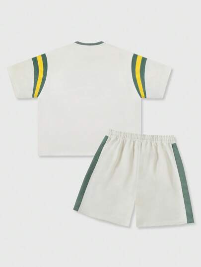 Prep Conjunto de camisetas para hombre de peso pesado con estampado de colores contrastantes en parches