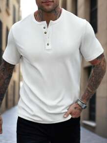 Manfinity Homme Men's Textured White T-Shirt For Casual Summer With V-Neck Short Sleeve Henry Color Block