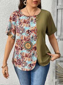 SHEIN LUNE Plus Size Vrouwen Casual Effen Kleur Patchwork Paisley Tie Dye Print Ronde Hals Korte Mouw Decor Knoop Normaal T-shirt