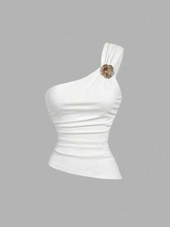 SHEIN MOD Damen Top mit weißer Rüschenborte, goldenem Broschen Dekor und einer Schulter, Party Tragen, Glitzer Top, Outfit für Silvester