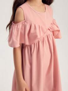 Tween Girl Cute & Elegant Ruffle Ruffle Pink Dress For Everyday Wear - Pink - View 3
