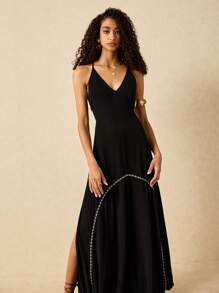 Poéselle Women's Dresses Braided Trim Comfortable Maxi Dress Women's Resort Style Patchwork Trim Halter Dress Summer Women Dresses Sundress Summer Women Outfit Boho Dress Summer Clothes Summer Dress Black Dress Beach Women Dresses Western Wear Women Spring Women Dresses Spring Women Outfits Spring Dress Festival Outfits Women Clothing - Black - View 6