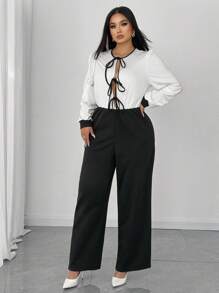 SHEIN Unity Plus Size Elegant Contrast Color Patchwork Bowknot Jumpsuit, Autumn - Black and White - View 2