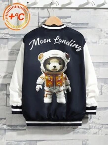 SHEIN Tween 男孩休閒北極熊印花夾克，彩色拼接袖子 - 彩色 - 查看 1